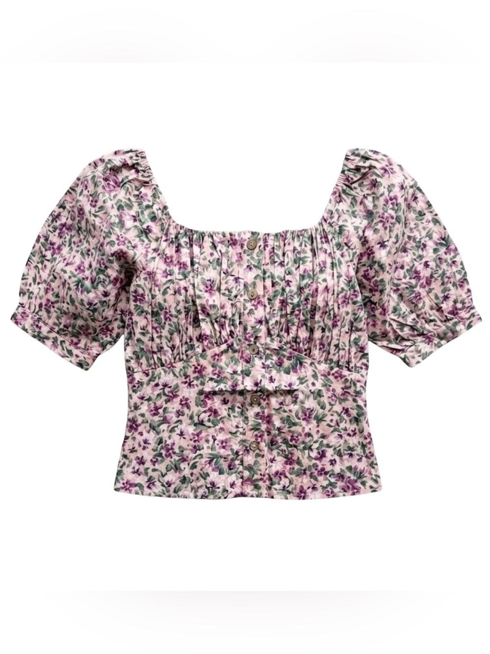 Color Block Smocked Floral Top Pink Purple Green Small